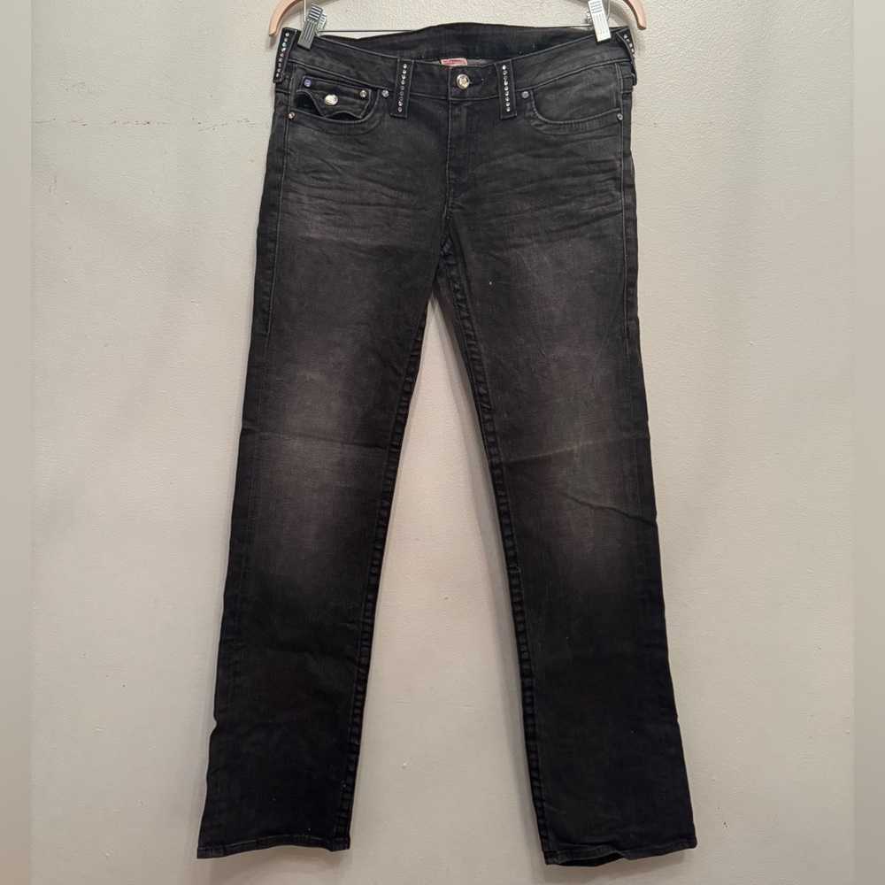 True Religion Women's Black Straight Jeans, JIMMY CRYSAL embellishment, size 32